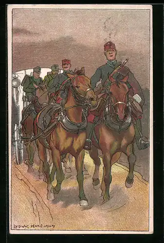 Künstler-AK Ludwig Koch: Offiziere in Uniform mit Pferdekutsche