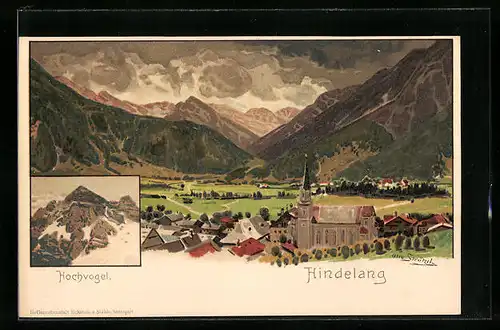 Künstler-AK Otto Strützel: Hindelang, Gesamtansicht, Hochvogel