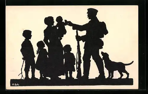 Künstler-AK Anna Schirmer: Familie verabschiedet den Soldaten-Vater, der in den Krieg zieht, Scherenschnitt
