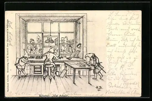 Künstler-AK H. Starkloff: Schalter, Viel Arbeit
