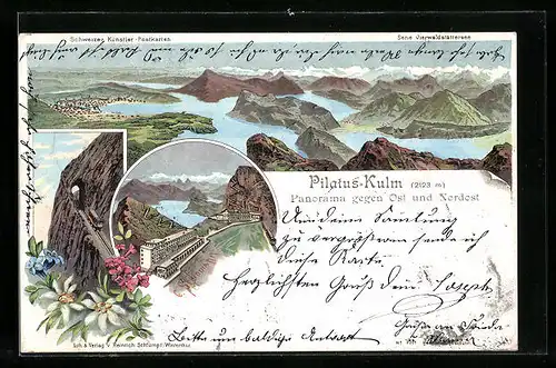 Künstler-AK C. Steinmann Nr. 2001: Pilatus-Kulm, Panorama mit Bergbahn