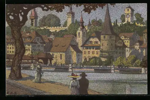Künstler-AK Ernst E. Schlatter: Luzern, Musegg vom Bahnhof aus