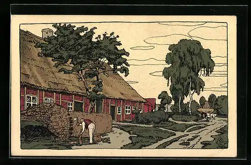 Steindruck-AK Lüneburger Heide, Dorfkathe