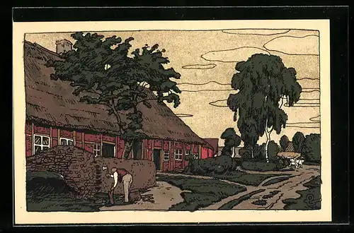 Steindruck-AK Lüneburger Heide, Dorfkathe