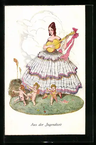 Künstler-AK Plantikow: Aus der Jugendzeit, Dame mit Gitarre und Putten