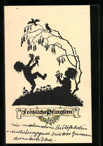 Künstler-AK Gil Baer: Zwitschernde Vögel und Kinder mit Blumen, Schattenbild