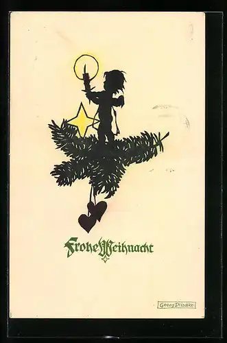 Künstler-AK Georg Plischke: Engel mit Kerze auf Tannenzweig, Schattenbild, Weihnachtsgruss