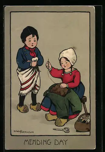 Künstler-AK Ethel Parkinson: Mending Day, Mädchen bessert Kleidung eines Jungen aus
