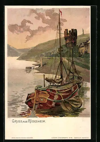 Künstler-AK C. Pfaff: Rüdesheim, Rheinpartie mit Burgruine
