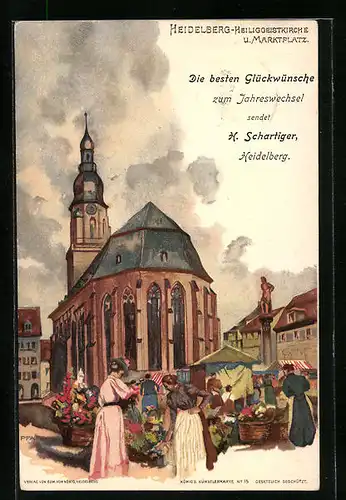 Künstler-AK C. Pfaff: Heidelberg, Heiliggeistkirche und Marktplatz