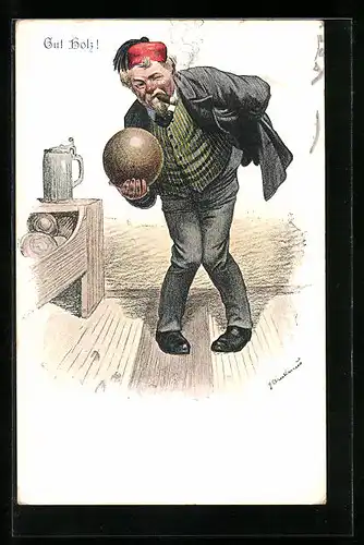 Künstler-AK Fritz Quidenus: Gut Holz, Mann beim Kegeln