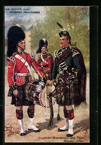 Künstler-AK Harry Payne: Cameron Highlanders, Drummer, Bandsman and Piper