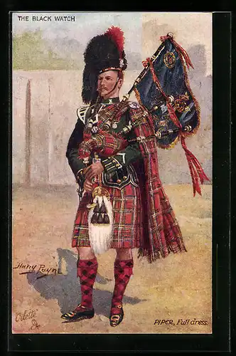 Künstler-AK Harry Payne: The Black Watch, Piper in Full Dress