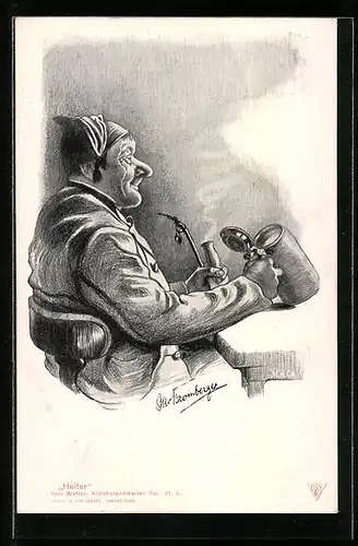 Künstler-AK sign. Otto Bromberger: Heiter, Zecher mit Pfeife und Bierkrug