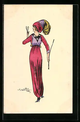 Künstler-AK Charles Naillod: Elegante Dame mit Reitgerte und Zwicker