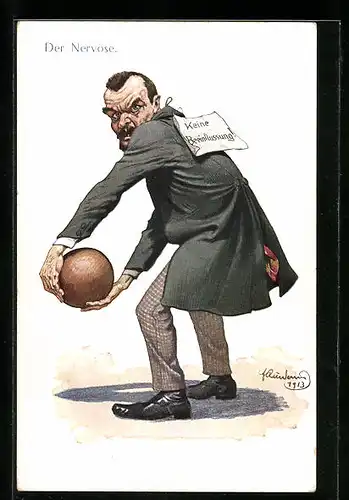Künstler-AK Fritz Quidenus: Der Nervöse Kegler vor dem Wurf der Kugel