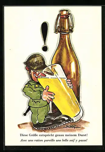 Künstler-AK sign. Naef: Kleiner Soldat trinkt aus riesigem Bierglas