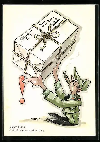 Künstler-AK sign. Naef: Kleiner Soldat mit riesigem Paket