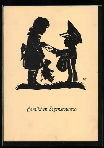 Künstler-AK A. Ost: Kleiner Briefträger übergibt einen Brief, Schattenbild