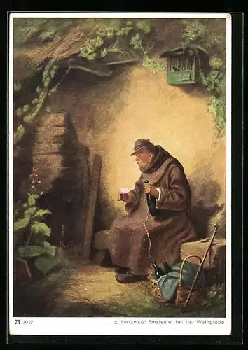 Künstler-AK Carl Spitzweg: Einsiedler bei der Weinprobe