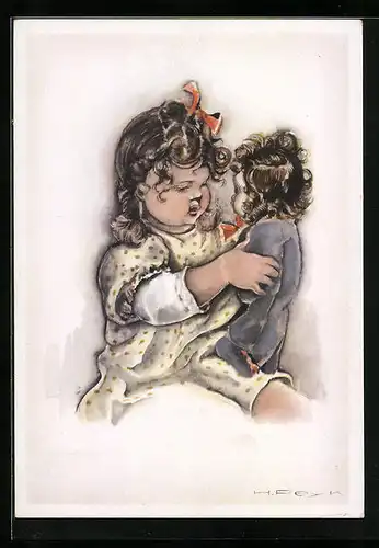 Künstler-AK Hilla Peyk: Mädchen im Zwiegespräch mit Puppe
