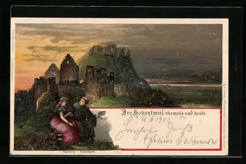 Lithographie Hohentwiel, Ansichten ehemals und heute, Mönch mit einer Frau