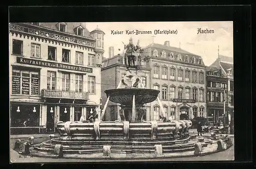 AK Aachen, Kaufhäuser von A. Vonhoff-Wildt am Marktplatz mit Kaiser Karl-Brunnen