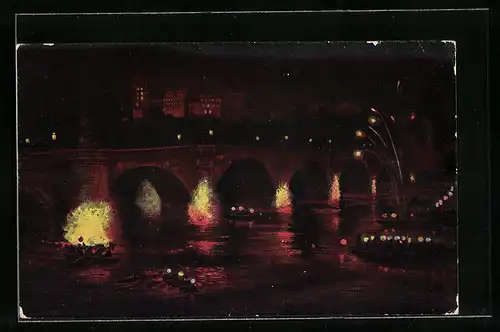 AK Heidelberg, Schlossbeleuchtung und Brücke bei Nacht