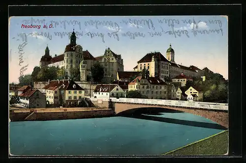 AK Neuburg a. D., Partie am Donauufer mit Brücke