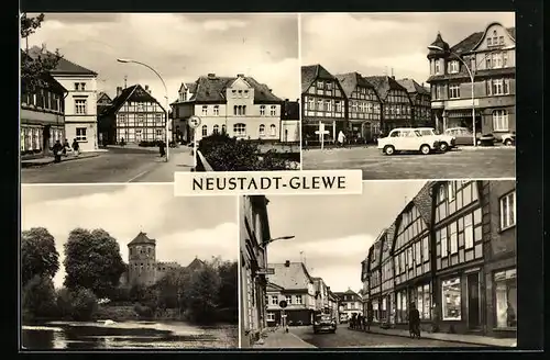 AK Neustadt-Glewe, Bahnhofstrasse, Marktplatz, Burg, Breitscheidstrasse