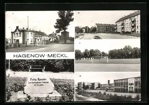 AK Hagenow i. Meckl., Wasserwerk, Fritz-Reuter-Gedenkstein, Sportplatz