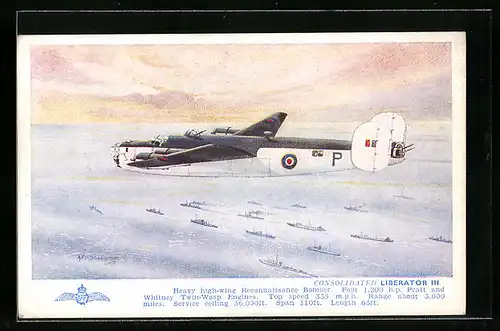Künstler-AK Consolidated Liberator III, Heavy Reconnaissance Bomber