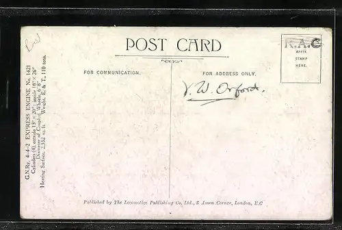 AK GNRy 4-4-2 Express Engine No. 1421, englische Eisenbahn