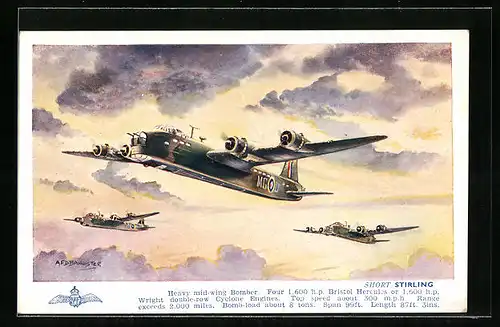 Künstler-AK Flugzeug Short Stirling, Bomber Staffel im Formationsflug
