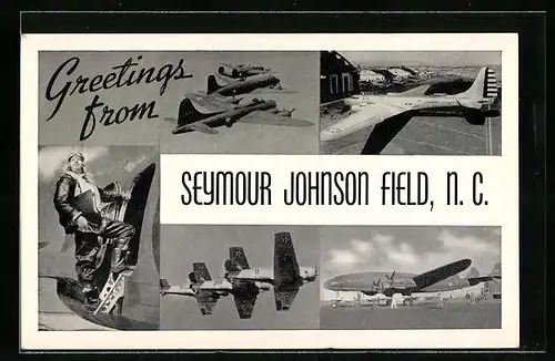 AK Seymour Johnson Field, N. C., Pilot in Fliegermontur, Bomber- und Jagdflugzeuge