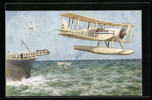 Künstler-AK D. H. Seaplane launched from a catapult on board ship, Wasserflugzeug in der Luft