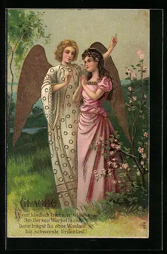 Präge-AK Glaube, Engel bei der Maid mit gefalteten Händen, Allegorie