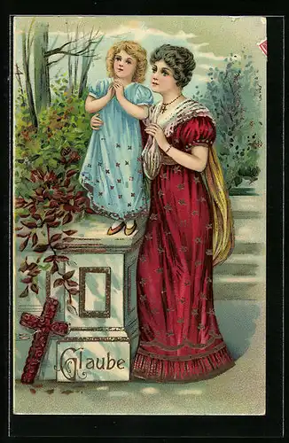 Präge-AK Glaube, Mutter und Tochter am Grabe, Allegorie