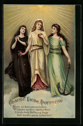 Präge-Lithographie Glaube. Liebe, Hoffnung - Allegorische Figuren