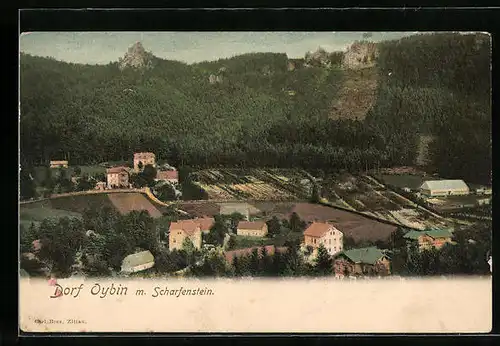 AK Oybin, Dorfpartie mit Scharfenstein