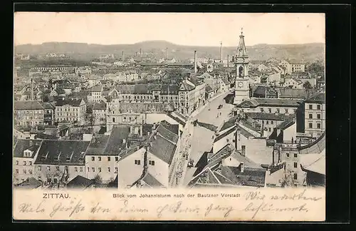 AK Zittau, Blick vom Johannisturm nach der Bautzner Vorstadt mit Strassenpartie