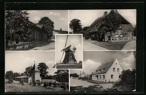 AK Grebin i. Holst., Windmühle, Kirche, Strassenpartie