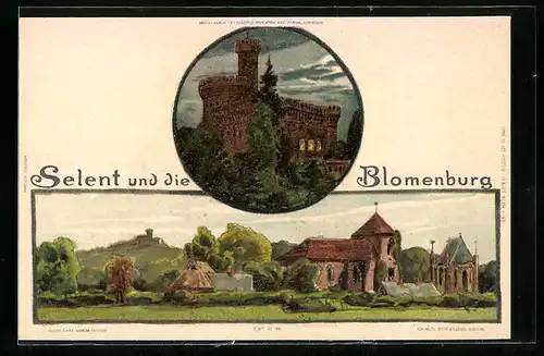 Lithographie Selent, Ortsansicht und die Blomenburg