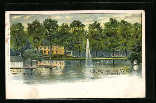 Lithographie Zittau, Gruss aus der Weinau