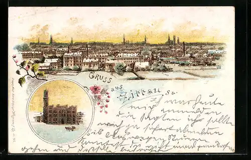 Lithographie Zittau i. Sa., Totalansicht mit Rathaus