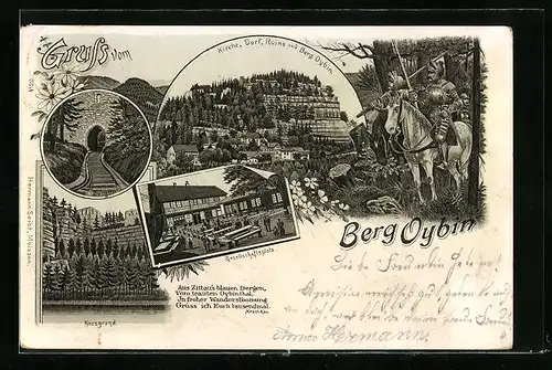 Lithographie Oybin, Kirche, Dorf, Ruine und Berg Oybin, Burgtor, Hausgrund