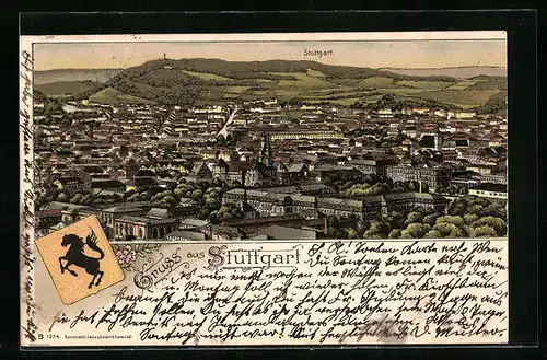 Lithographie Stuttgart, Totalansicht aus der Vogelschau