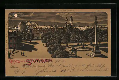 Mondschein-Lithographie Stuttgart, Schlossplatz mit altem Schloss