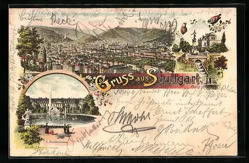 Lithographie Stuttgart, K. Residenzschloss, Totalansicht