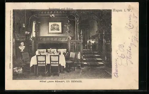 AK Hagen i. W., Speisesaal und Erker, Hotel zum Römer